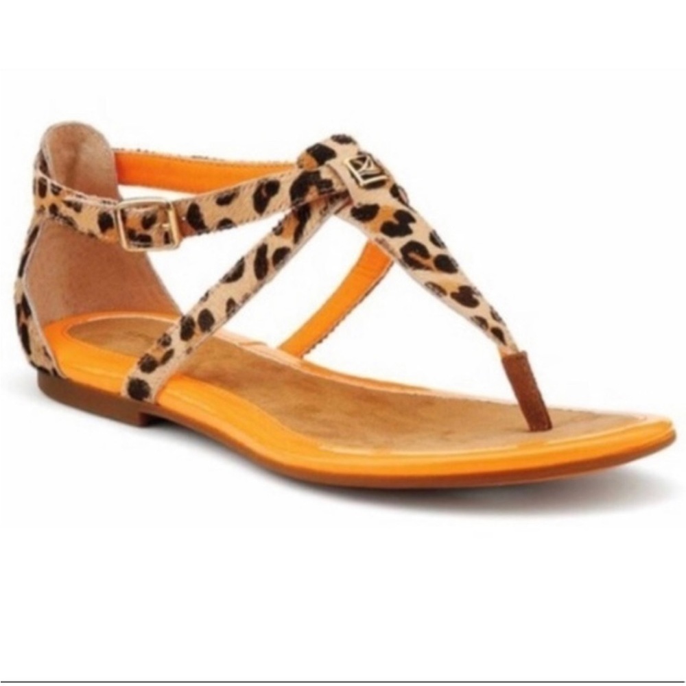 Sperry T-strap Summerlin leopard neon orange sandals animal print leathe…